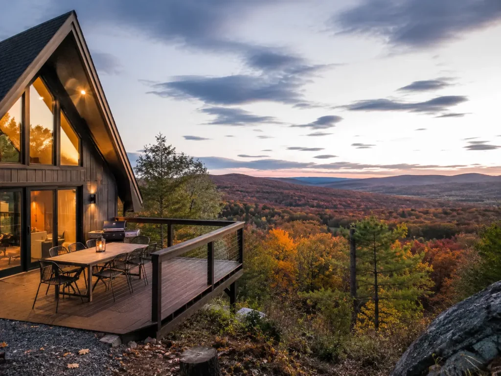 Cozy cabin overlooking autumn hills